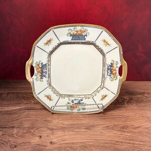 Antique B & O Co Limoges Handled Cake Plate Tray 10.5" Floral Basket Gold Trim